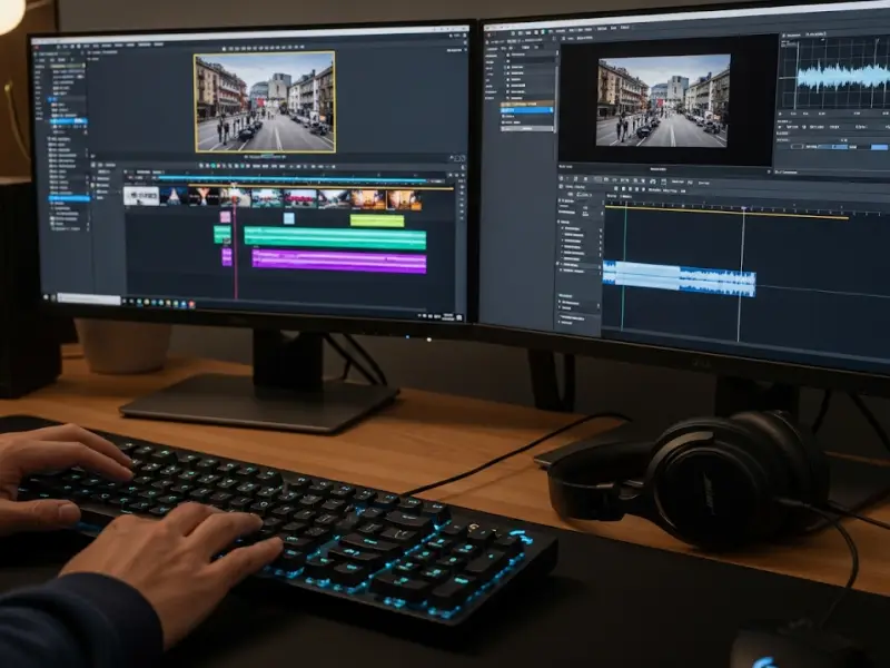 Dual-monitor video editing workspace with timeline and headphones showing what work from home jobs mean.