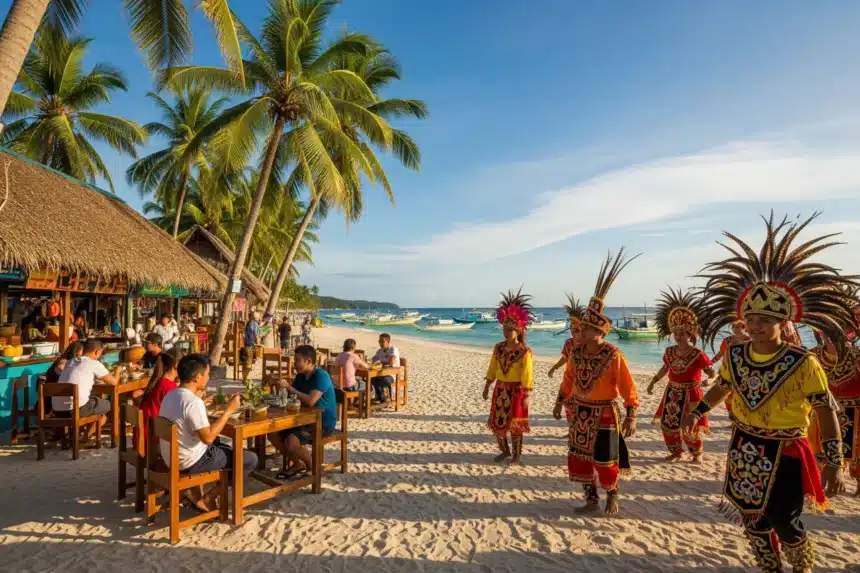 White-sand beach in Visayas with locals enjoying seafood and a colorful street festival in the background.