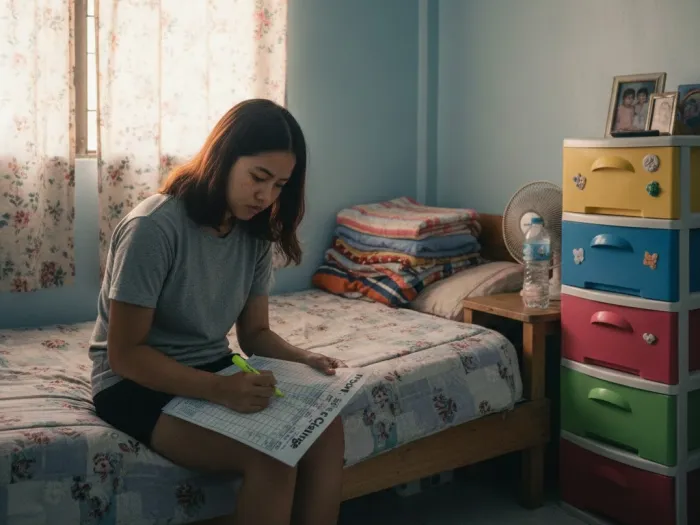 Filipina reviewing an Ipon Challenge Philippines template inside a modest bedroom.