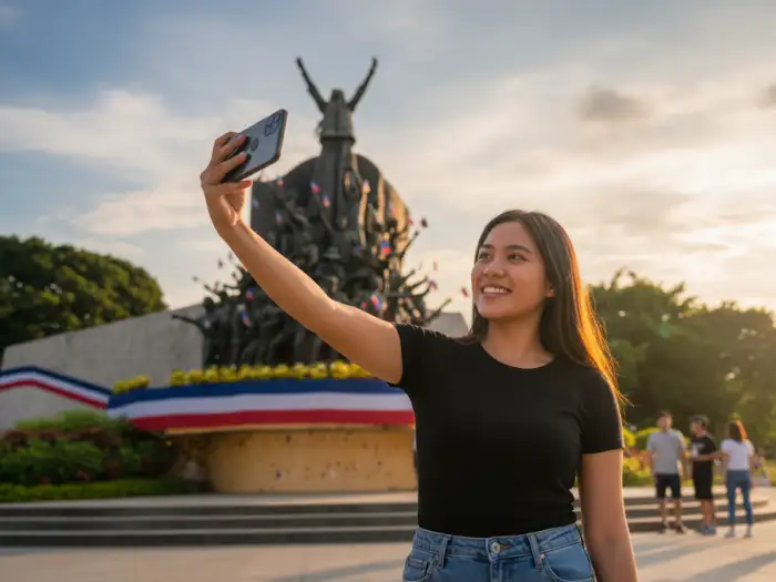 Traveler viewing the People Power Monument in EDSA, symbol of unity during the 1986 revolution.