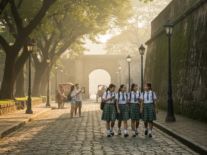Tourists and students exploring Intramuros Manila travel guide streets.