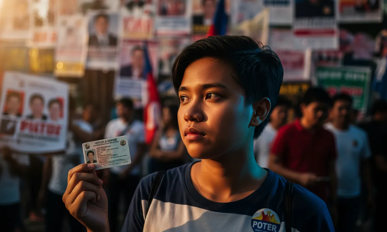 A young Filipino voter looking disillusioned, holding a voter's ID card amidst a chaotic political background.