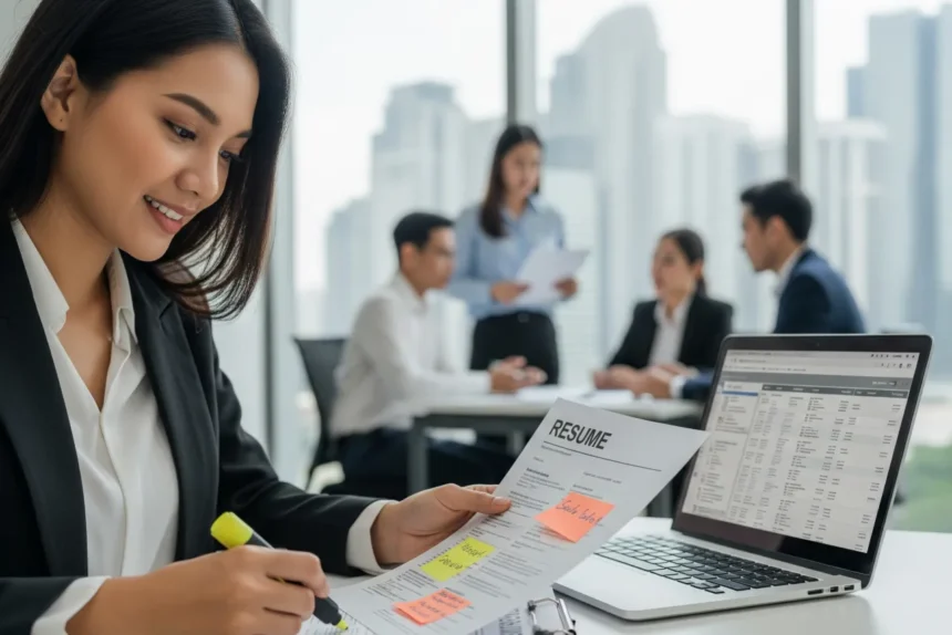 A young Filipino professional highlighting key points on a printed resume beside a laptop in a modern Manila office.