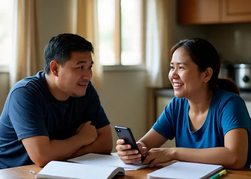 Working-class Filipino couple planning affordable franchise opportunities in their modest home.