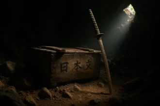 Jungle cave with a half-buried crate marked in Japanese and a rusted katana, evoking the Yamashita gold legend.