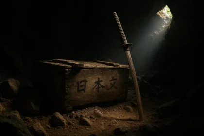 Jungle cave with a half-buried crate marked in Japanese and a rusted katana, evoking the Yamashita gold legend.