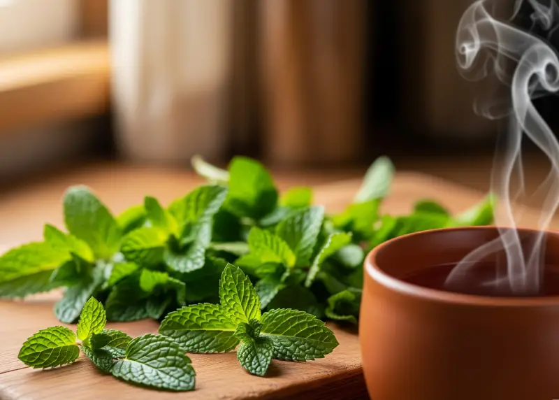 Fresh Yerba Buena leaves and a steaming cup of herbal tea.