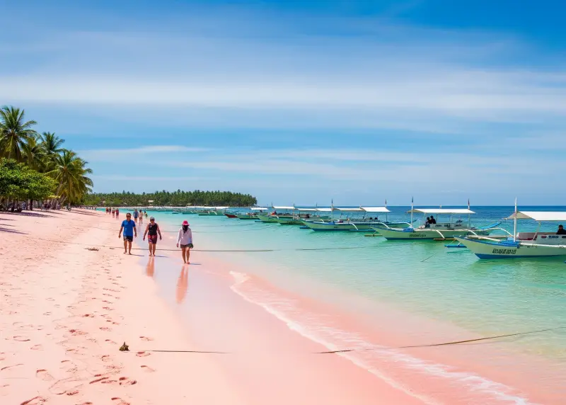 Pink sand beach at Sta. Cruz Island in Zamboanga City with banca boats offshore.