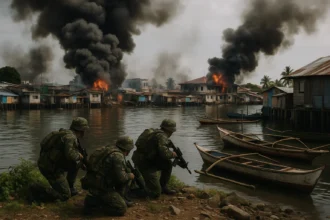 Philippine soldiers take cover along Zamboanga City’s coastal district during the 2013 siege.