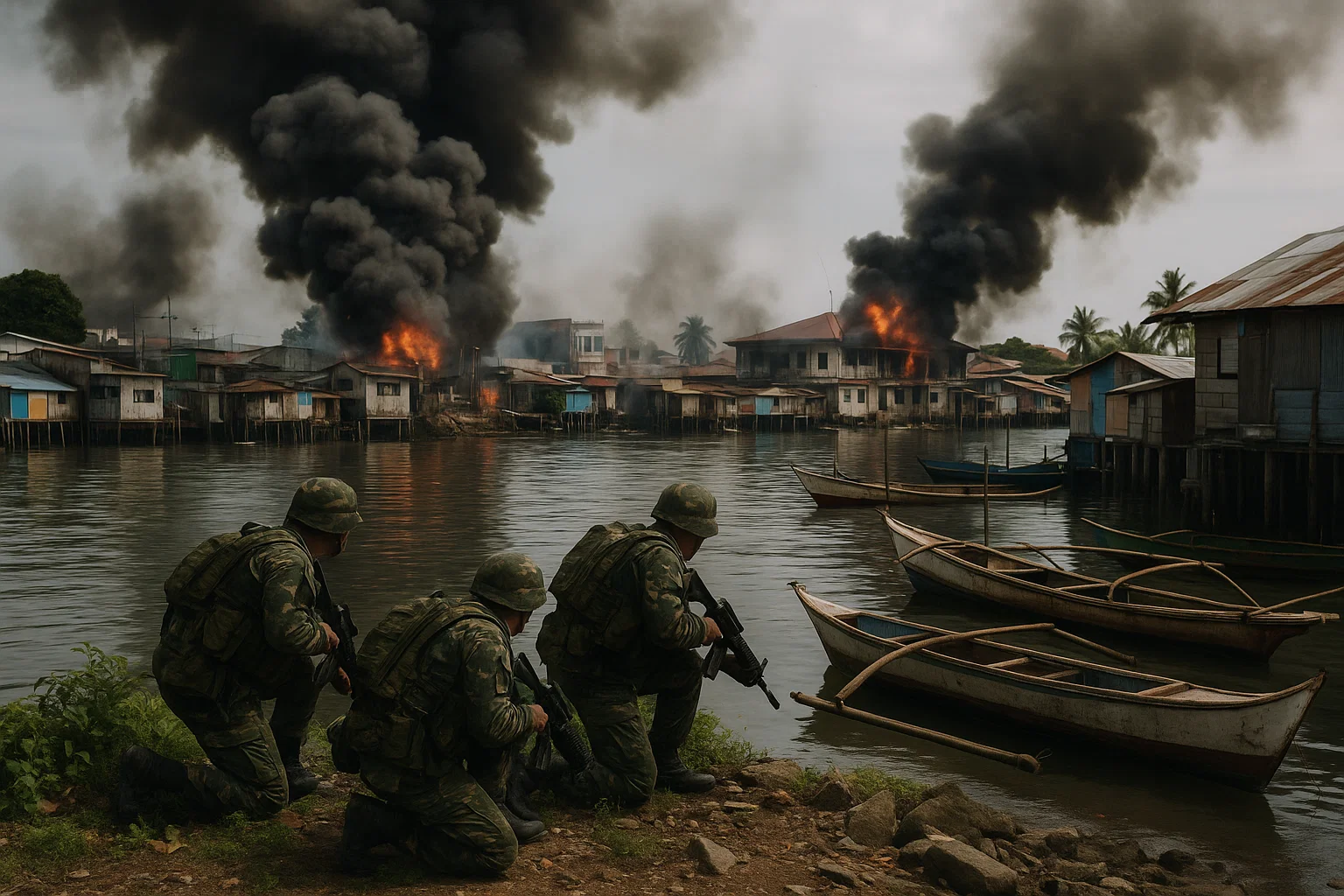 Philippine soldiers take cover along Zamboanga City’s coastal district during the 2013 siege.