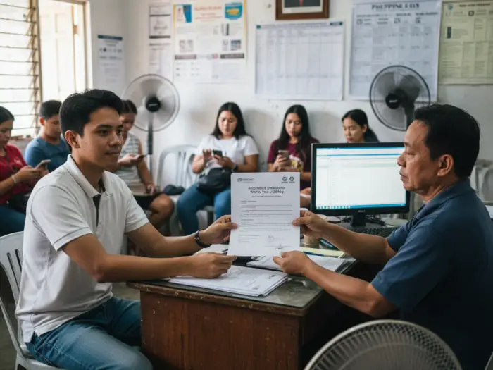 Filipino applicant reviewing Accredited Employer Work Visa (AEWV) job contract in PH.
