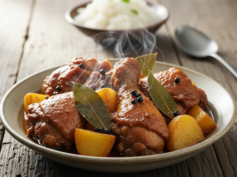 Chicken adobo with potatoes served in a bowl with rice on the side.