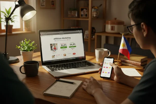 Filipino content creator starting affiliate marketing Philippines at home workspace