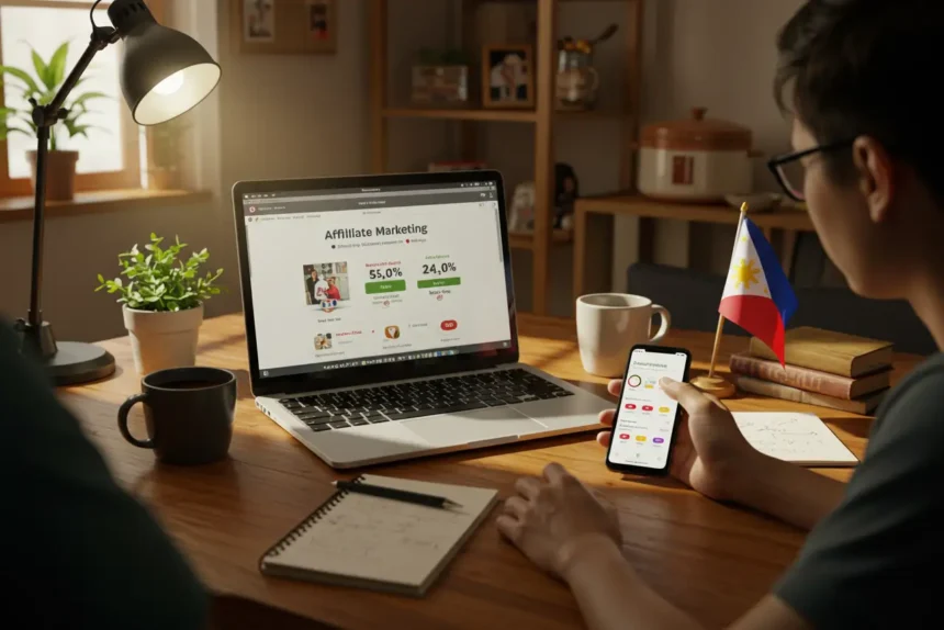 Filipino content creator starting affiliate marketing Philippines at home workspace