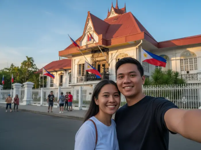 A young couple outside the Aguinaldo Shrine in Kawit, Cavite, where the Philippine flag is displayed.