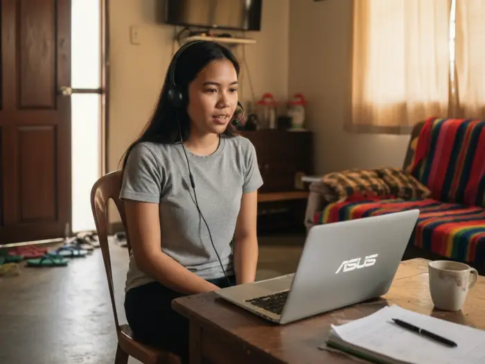 Filipino applicant on video call interview to get hired as an online English tutor.