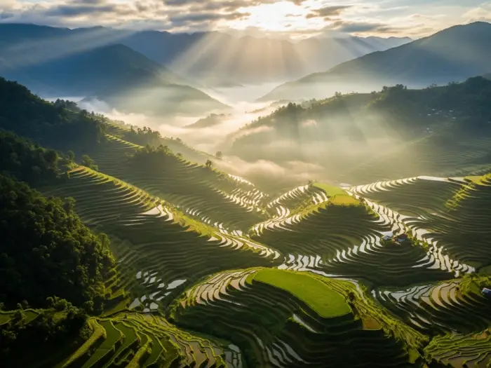 An awe-inspiring aerial view of the Banaue Rice Terraces in Ifugao at sunrise, with mist in the valleys.