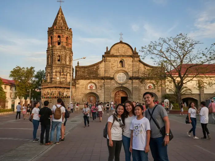 A Filipino family walks towards the historic Barasoain Church in Malolos, Bulacan during the golden hour.