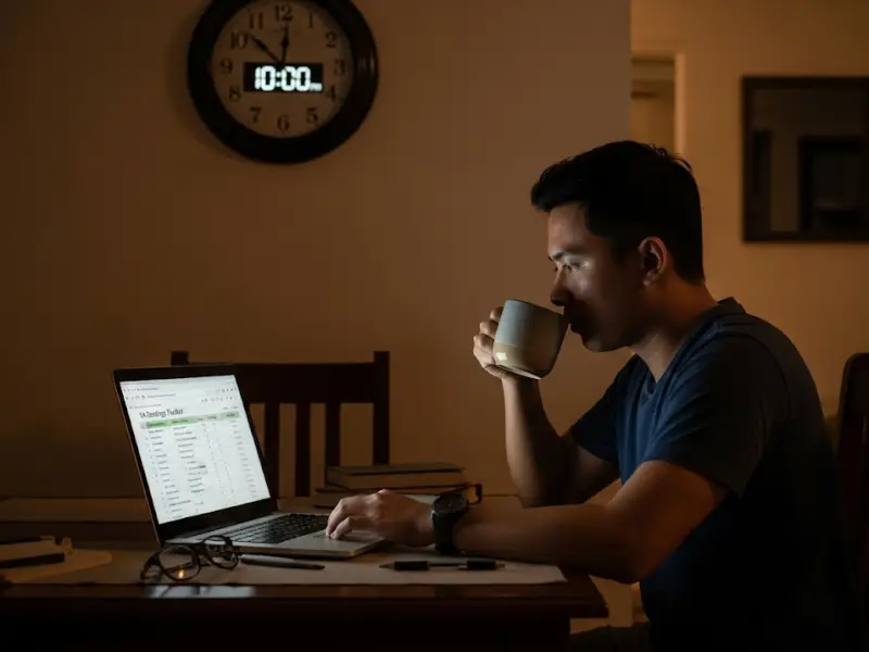 Filipino virtual assistant working late night tracking earnings on his laptop.