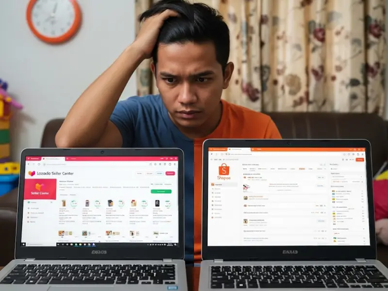 Filipino entrepreneur comparing Shopee and Lazada platforms for dropshipping.