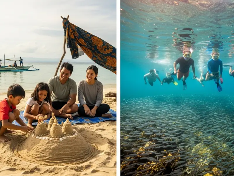 Families enjoying sandcastle building in Bohol and snorkeling in Cebu.