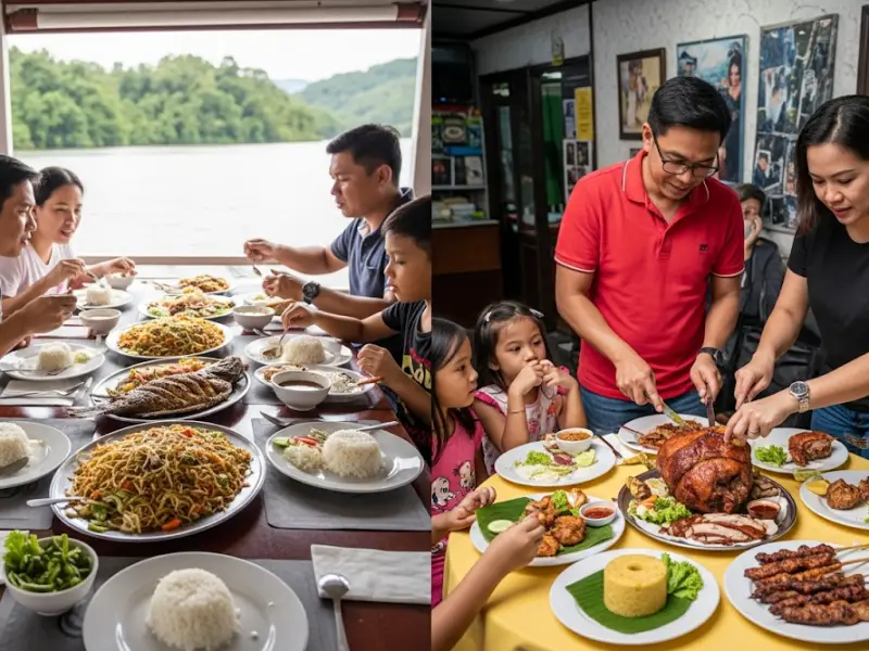 Families dining on Bohol’s Loboc River cruise and enjoying Lechon Cebu.