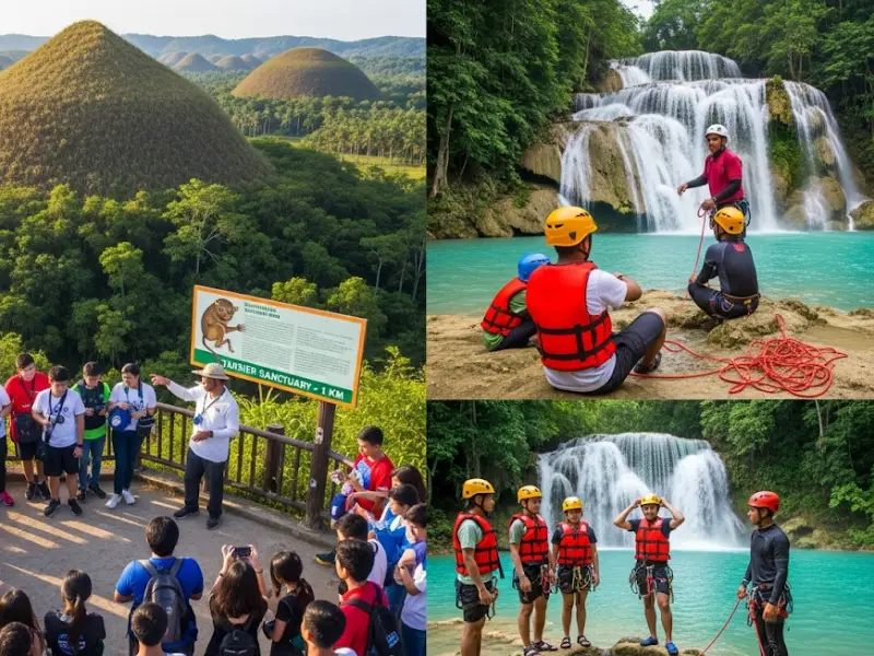 Comparing Bohol vs Cebu. Families at Bohol’s Chocolate Hills and adventurers gearing up at Kawasan Falls, Cebu.