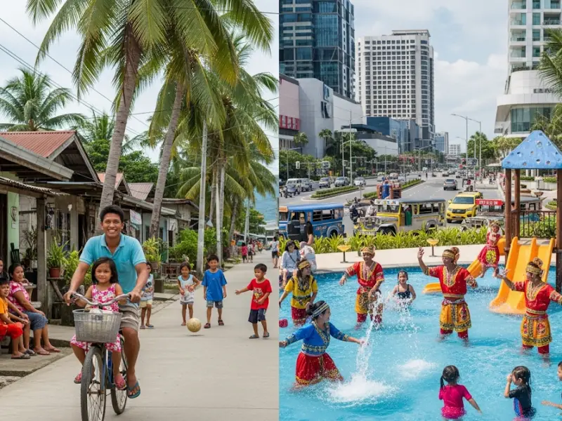 Bohol shows quiet family bonding in small communities, while Cebu highlights resort play areas and city convenience.