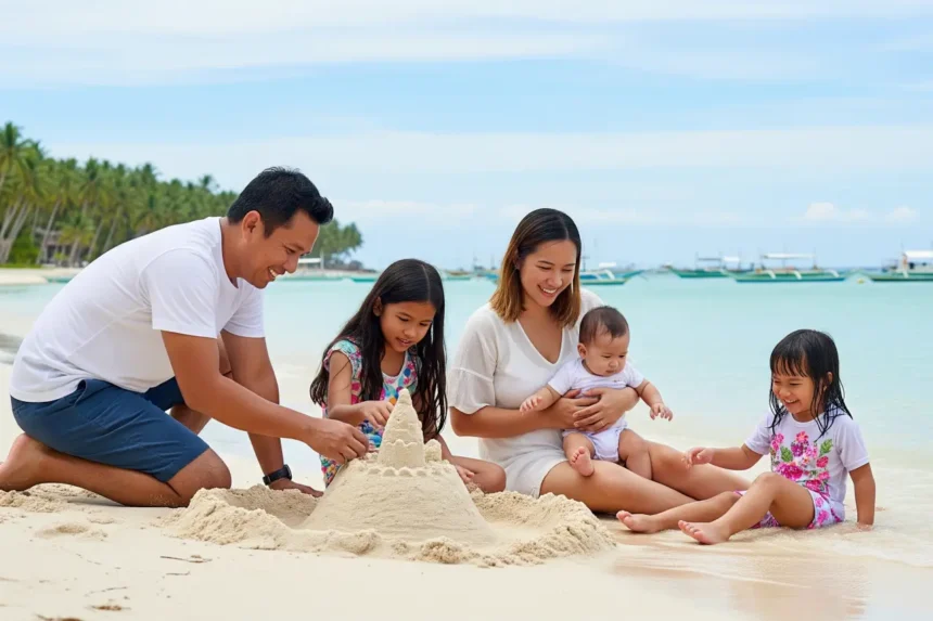 Filipino-Chinese family with children enjoying the sand and sea at Panglao Beach, Bohol.