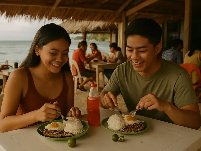 Filipino couple eating cheap carinderia food in Boracay while enjoying the island view.