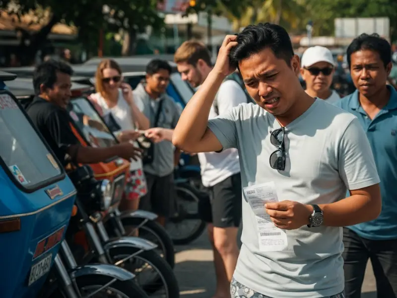 boracay budget mistakes Filipino tourist overpaying for a tricycle ride in Boracay, showing common budget mistakes.