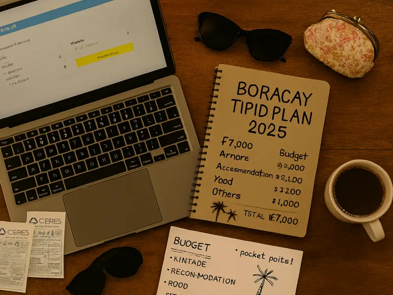 Filipino traveler planning a Boracay budget trip with flight tickets and ₱7,000 savings guide.