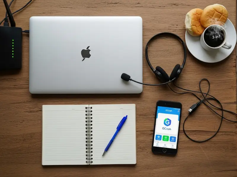 Laptop, headset, and basic tools for a budget-friendly virtual assistant setup.