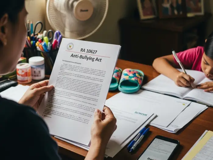 Filipino parent reviewing bullying law Philippines RA 10627 at home.