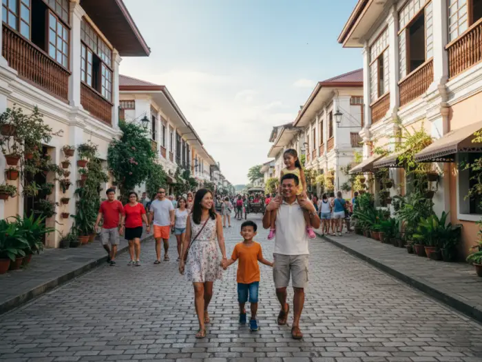 A family traveler enjoying the view of a the cobblestone street of Calle Crisologo in Vigan.