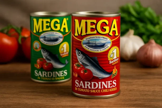 Two cans of Mega Sardines, red and green variants, with fresh vegetables in the background.