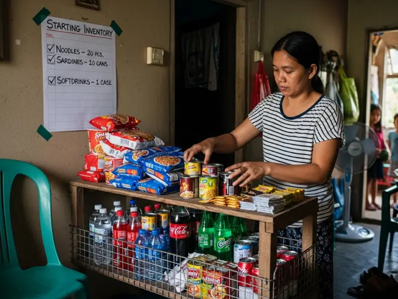 Filipina setting up initial sari-sari store products with a starting inventory list.