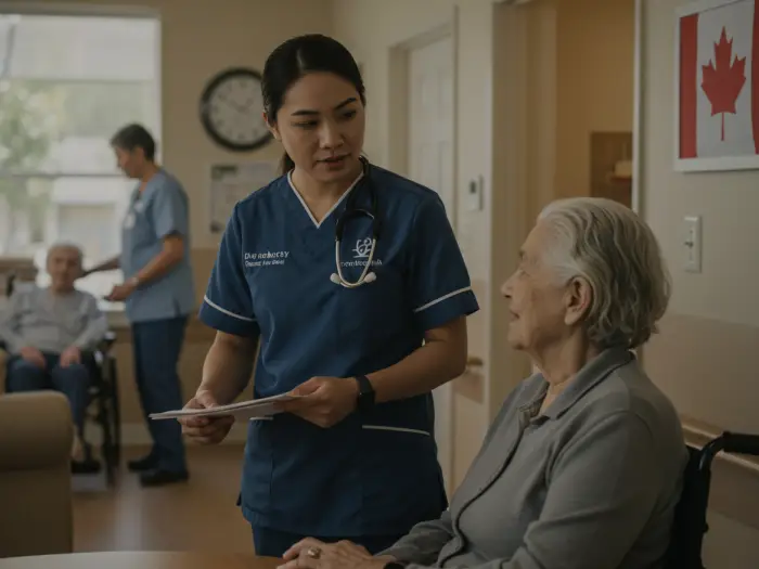 Filipino caregiver providing care in Canada, representing caregiver immigration route.