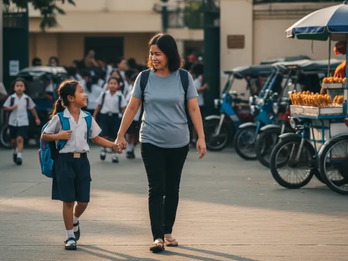 Filipino parent walking with child after school, symbolizing education options public vs private vs homeschool with love.