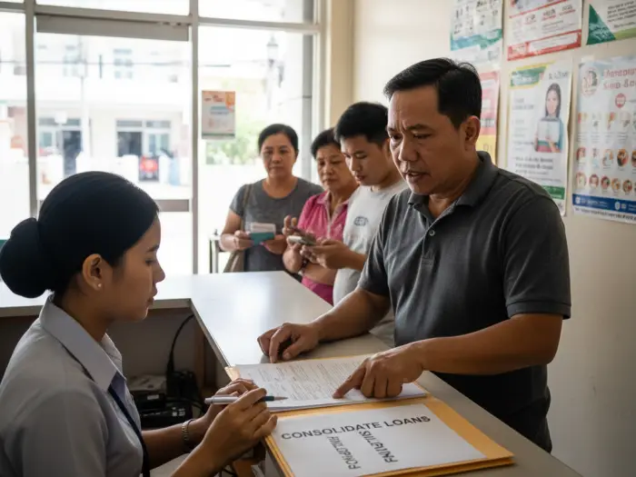 Filipino man in a bank inquiring about consolidate loans Philippines option.