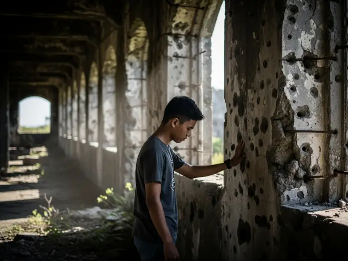 A young student touches the wall of the ruined Mile-Long Barracks on Corregidor Island, reflecting on its history.