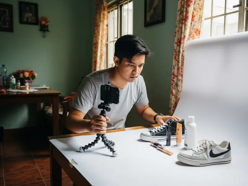 Filipino Shopee seller photographing products for online store listings.