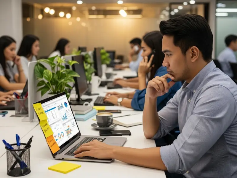Filipino worker analyzing reports to solve workplace problems.