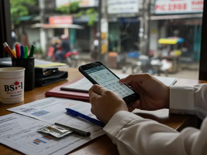 Filipino professional calculating CRS points for Canada migration using phone.