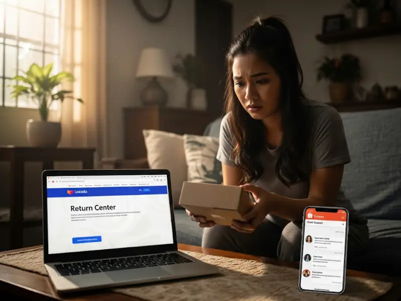 Filipina checking Lazada returns page and Shopee chat support for product issues.