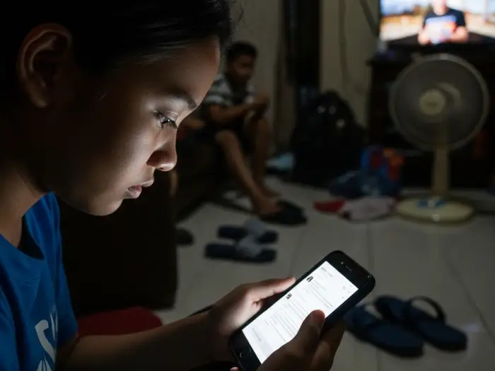 Filipino teenager experiencing cyberbullying Philippines through phone messages.