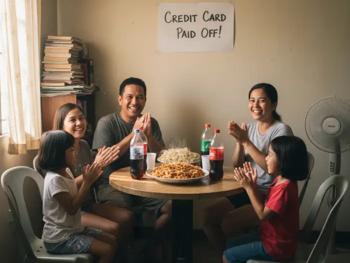 Filipino family celebrating after managing to pay credit card Philippines debt.