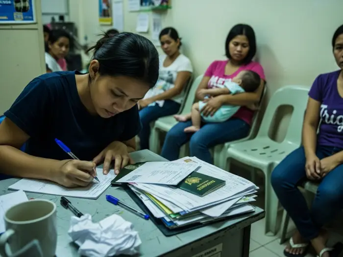 Filipina filling forms at a recruitment agency, with others waiting behind her.