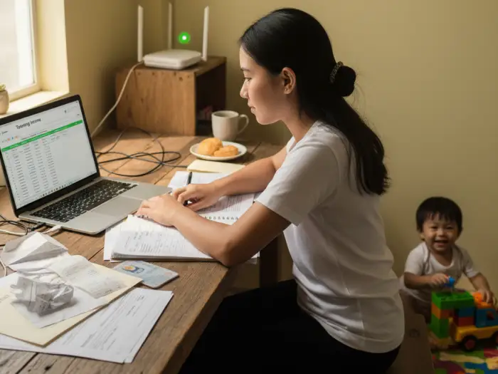 Filipino online tutor managing earnings and daily teaching schedule at home.
