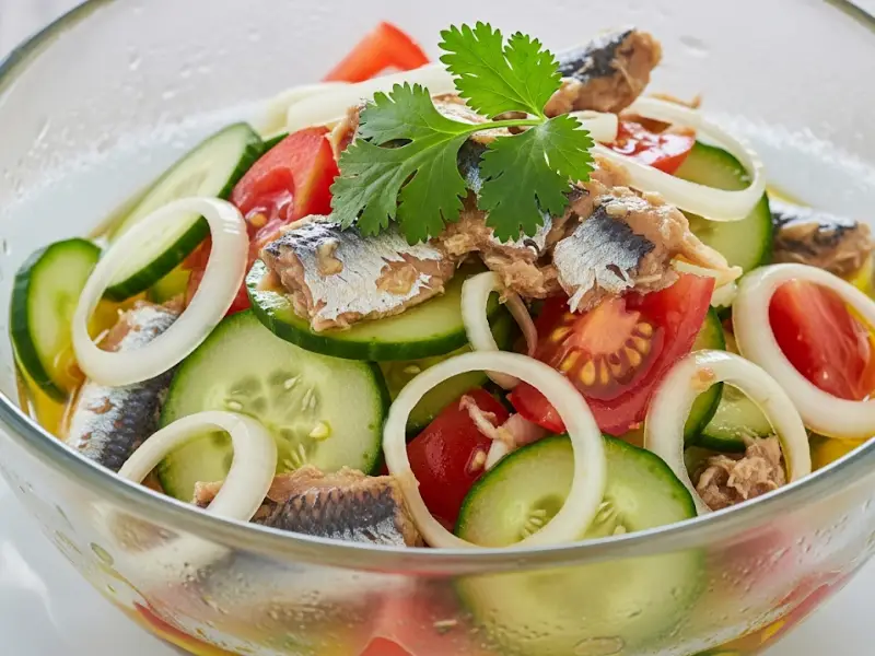 Sardine salad with cucumber, tomato, onion, and calamansi dressing.